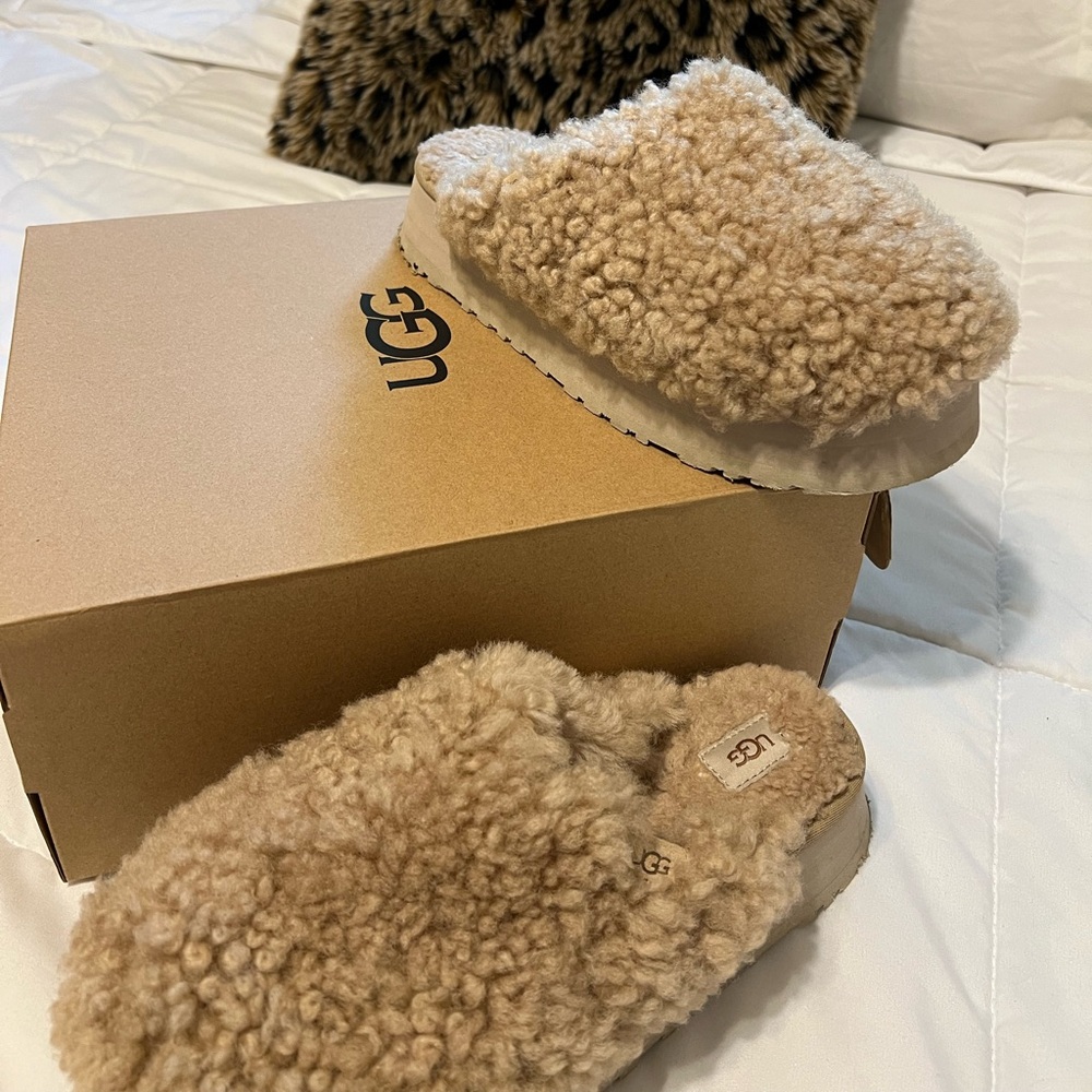 UGG Tan Shearling Platform Slippers